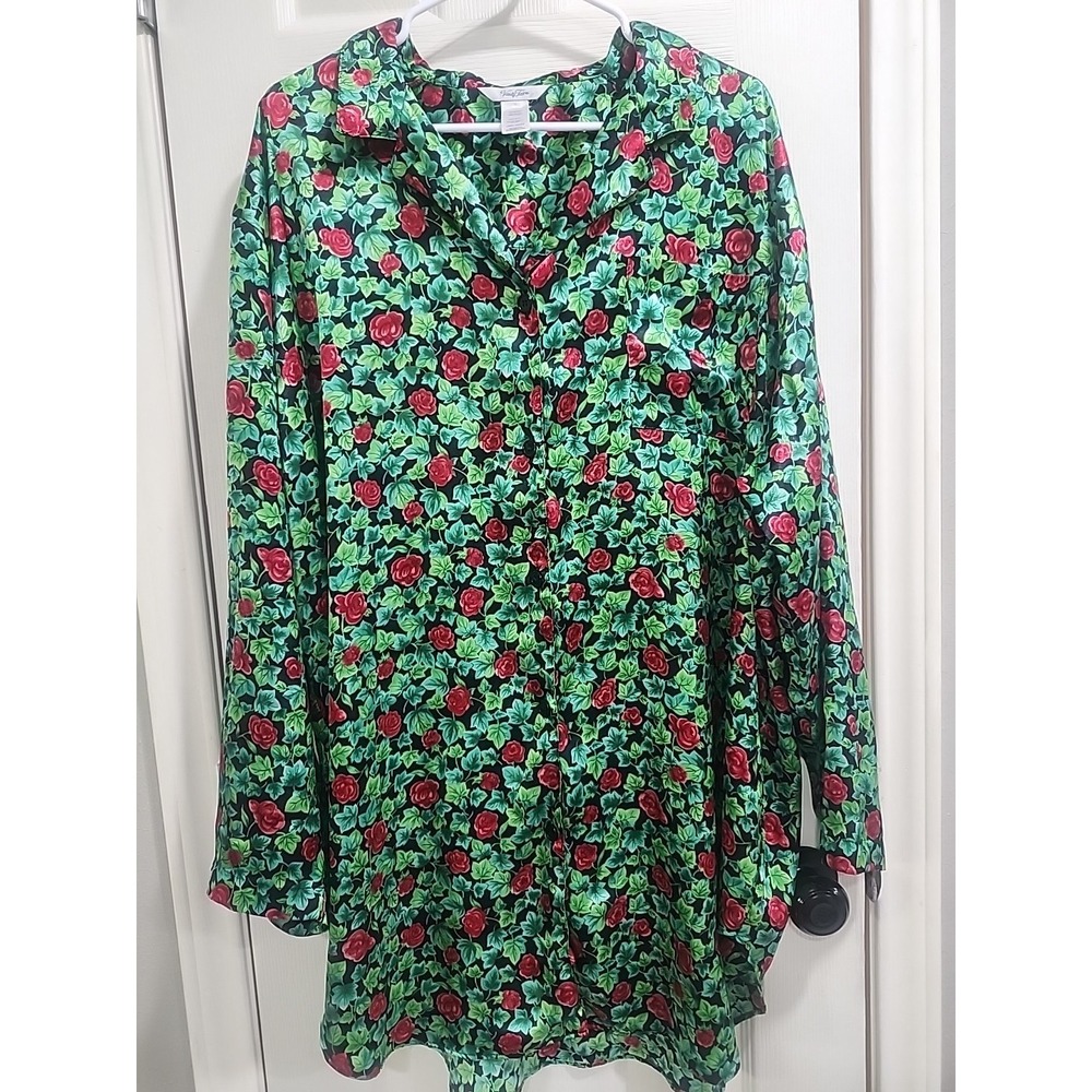 Vintage Vanity Fair Robe Large Red Rose Ivy Floral Satin‎ Housecoat